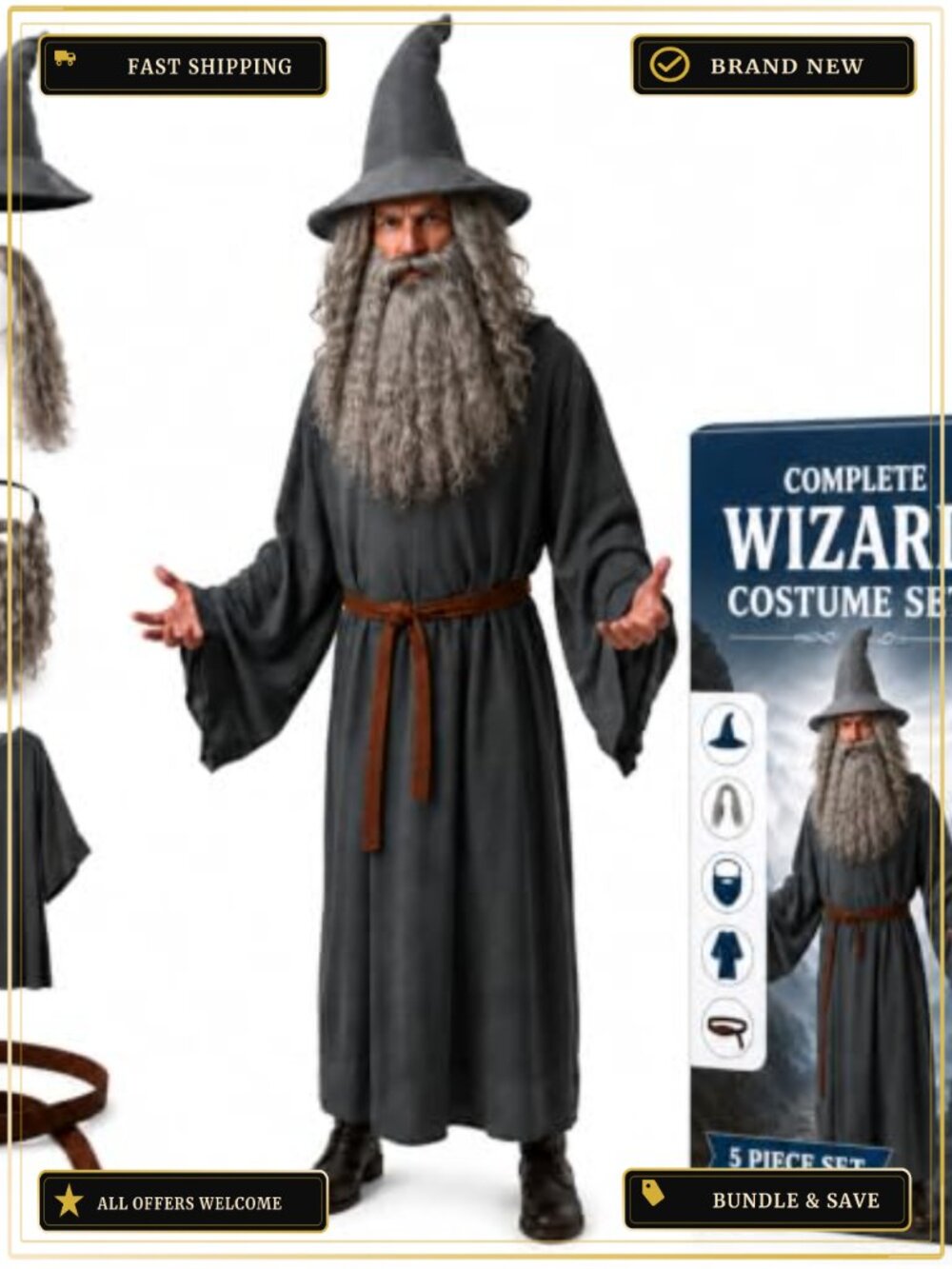 Complete Wizard Costume Set Men Adult Hat Wig Beard Robe Belt Halloween Cosplay